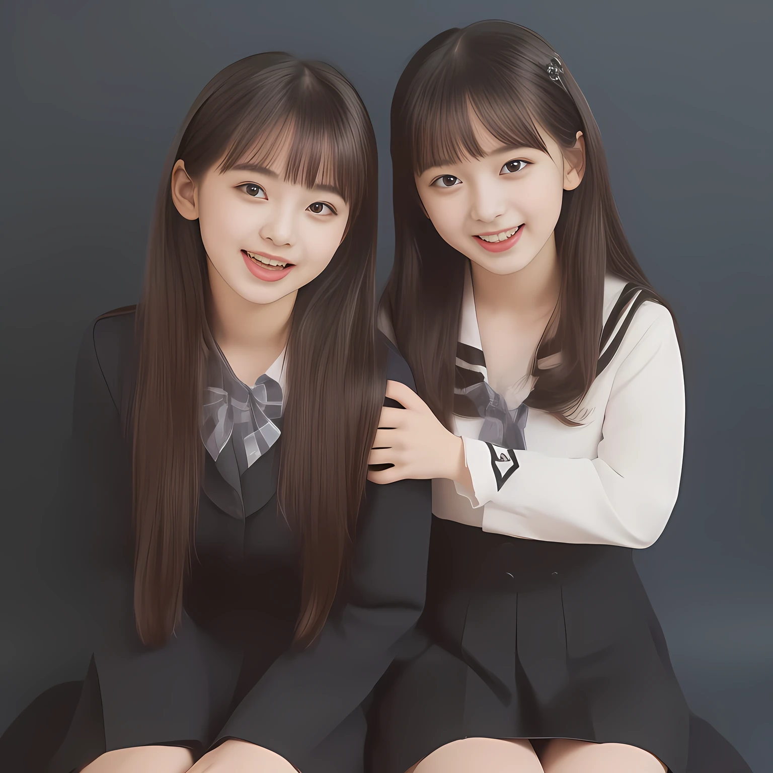 (Highest quality, masterpiece:1.2), Highest quality, High resolution, 1080P, 8k, (Two 13yo Japanese slender 清楚美少女アイドル are seated and give strong subliminal sexual invitation and temptation, cute skirt with beautiful knees, looking at the viewer, viewer's first lover, can't stop showing cute smile open mouth because of feeling the viewer too ridiculous, very white-white face, very proud of her long straight black hair, using face-whitening cosmetics, 13yo 美少女's eyes, Small pupils, laughing giggling most open mouth, too expensive navy sailor-styled school uniform, well-straitened super-long well-trimmed long hair, evenly neatly trimmed girly cute bangs: 1.5), (Laughing blushed cheeks with dimples), (Well-balanced, impressive, very intelligent, double-eyelids, black shining large eyes of 13yo 美少女 with detailed: 1.5), ((Beautiful well-figured glossy opened laughing lips: 1.2)), (mature breast), (The viewer is forced to madly kiss her breast ribbon), (Very beautiful, super-glossy, cute neat black amazingly long hair, straight well-done long hair-style: 1.3), (plain blue background: 1.6), (((Completely balanced beautiful big cool eyes: 1.3))), (eyes, face and hair are especially beautifully detailed and beautifully drawn: 1.5), (She makes the viewer drink her love ribbon: 1.2), (the viewer become crazy and can't stop bursting and running every liquid to 清楚美少女, 美少女 is surprised : 1.7), (School uniform, too-cute slender 13歳 super-long-hair Japanese 美少女 idol twins are laughing at me and unties the breast button and make the viewer drink it: 2.0), (Super long hair super-beautiful 美少女 super-cute face navy-sailor-suit school-uniform pretty slender 美少女 of 美少女 photo magazine in the 1990s: 2.0), (Atmosphere and expressions and all the symbols are cleverly devised traps to force the viewer fall quickly into eternal deep deep unreal sexual pleasure of beautiful girl's inevitable embrace hypnosis: 2.0)