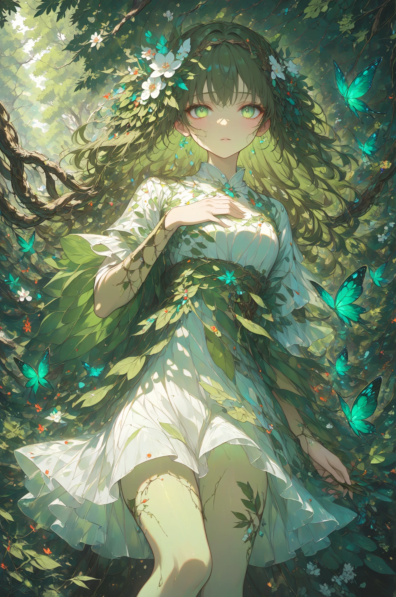 (Masterpiece, Best quality, Ultra-detailed, Best Illustration:1.4), 1 Fairy, The wings of the little fairy,(Airflow Maiden:1.1),(See-through:1.5)afloat,Green wind ,Silk fabric,(refractions,Reflection:1.7) , Transparent skin, sunshine day,ln the forest