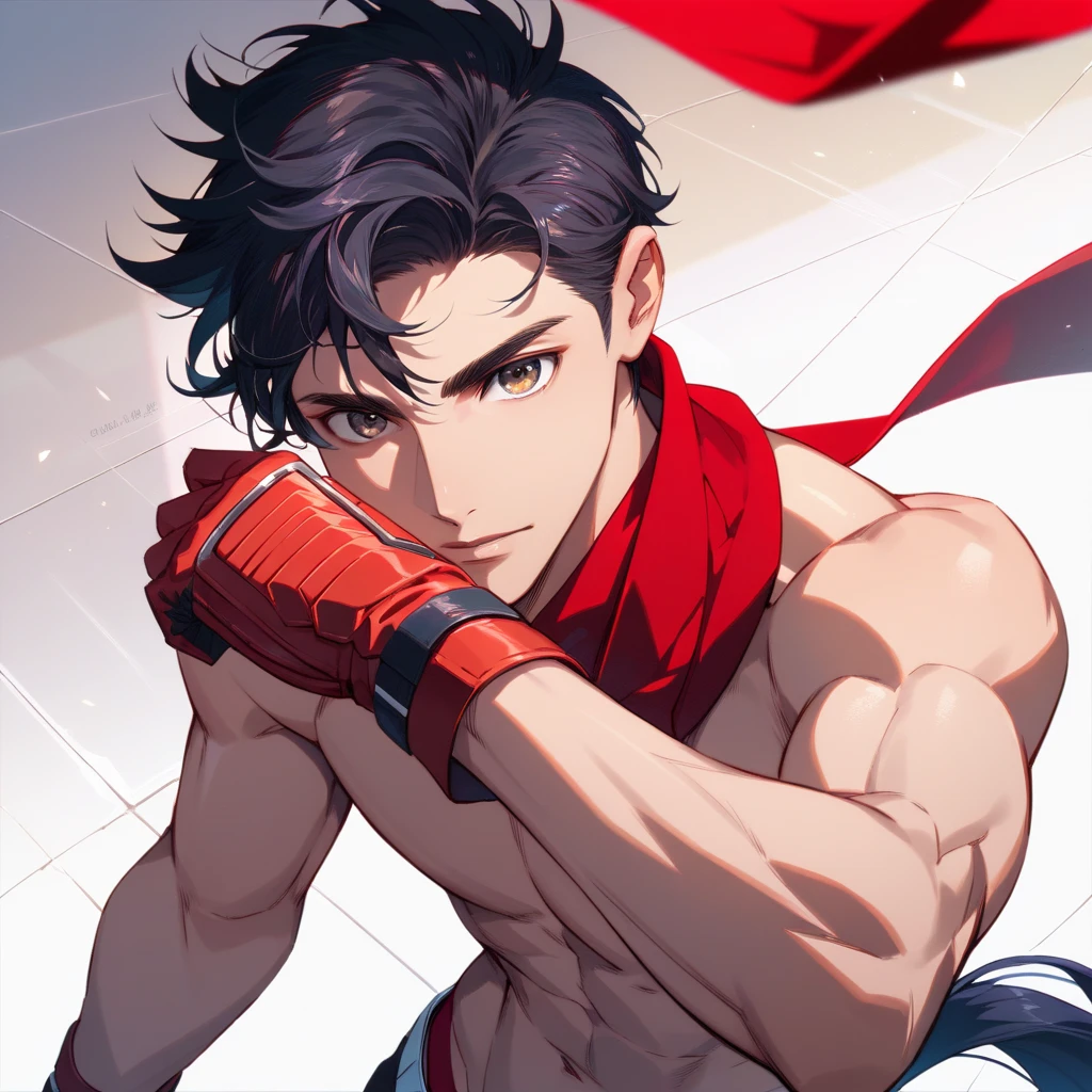 ultra detailed, master piece, best quality, cinematic angle, motion lines, focus male, detailed eyes, detailed hands, light skin male, whole body, muscle, black hair, pony tail, expressive brown eyes, red gloves, shirtless, red scarf, night city back ground, red thong, Chinese fashion, posing, show back and upper body,  high angle, looking at viewer, five-fingered hand