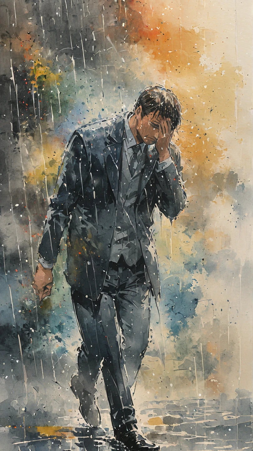 watercolor painting of a man in suit in the rain. full body shot of the man who is soaked under the rain. he tilts his head up to face the rain, the rainwater flows down his face. he is walking in the street, holding his hands out to feel the rain. watercolor brushes stroke painting style. the sky is dark.