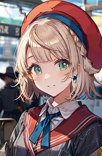 ( cowboy shooting:1.5),Shigure Ui \(vtuber\),  Pong_Pong_hair_ring, Ahegao,   stripe_School_uniform, red_beret, beret, collared_ shirt,  Masterpiece , noise reduction ,  perfect anatomy over a white blouse , high definition ,  ultra detail,  ultra detail face,Game CG, Dutch angle  , beautiful detailed eyes from outside the train, visual art , five fingers ,   perfect hand,  Complete, Sparkling eyes,