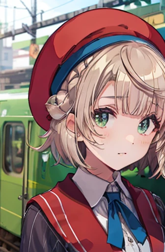 ( cowboy shooting:1.5),Shigure Ui \(vtuber\),  Pong_Pong_hair_ring, Ahegao,   stripe_School_uniform, red_beret, beret, collared_ shirt,  Masterpiece , noise reduction ,  perfect anatomy over a white blouse , high definition ,  ultra detail,  ultra detail face,Game CG, Dutch angle  , beautiful detailed eyes from outside the train, visual art , five fingers ,   perfect hand,  Complete, Sparkling eyes,