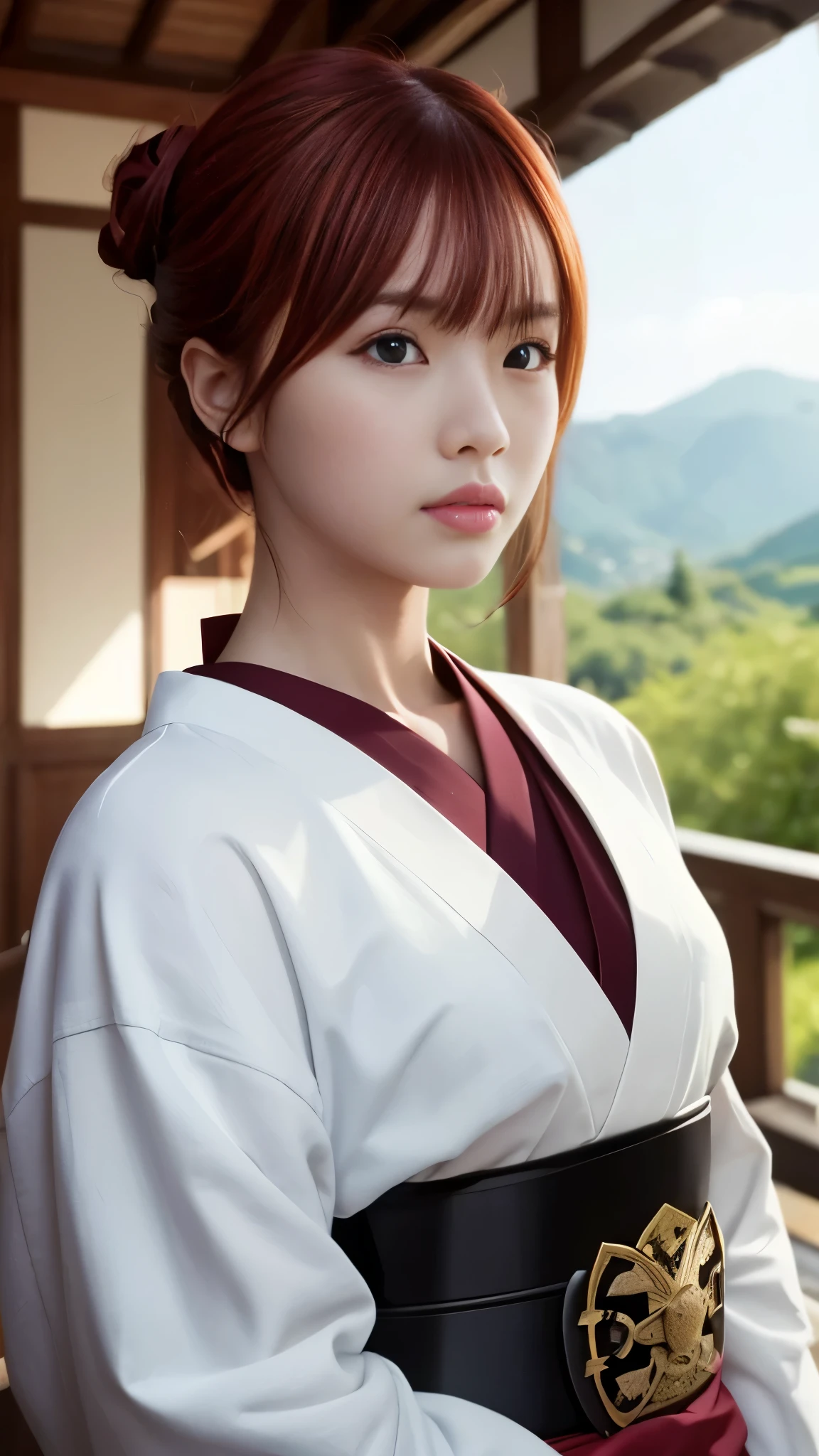 masterpiece、 best quality、 super high resolution、 super high definition ,aesthetic、8k、 ( photorealistic:1.4)、 red hair  ,  Japanese 、(Samurai Style)、night 、flat chest, AA-cap chest、Small waist:1.2、whole body:1.5、 octane rendering、超A high resolution、8k、Unreal and dynamic、Surreal、 absurd、 dynamic action shots、During combat、 portrait、Super sharp、 realistic textured face and skin、 beautiful symmetrical face 、Upper teeth、( perfect anatomy )、 CGSoation Trends、Super sad、  