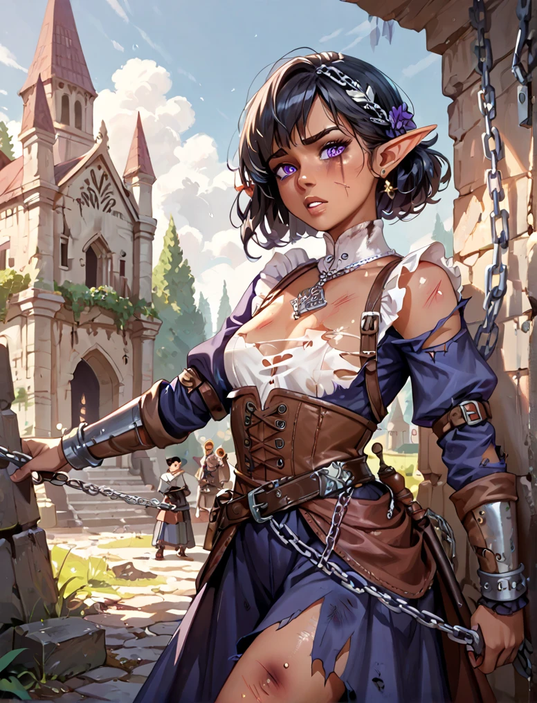 (((Medieval fantasy attire.))) Muscular and sexy fantasy warrior. (((She is an amorous woman with an amorous stare and very large breasts.))) Great defined abs. (((Intense stare.))) Looks like a dark female adventurer for Dungeons & Dragons. She has a dark personality. Looks like an attractive, physical fit female adventurer for a medieval fantasy setting. Looks alluring and mysterious with a feminine physique. A single character portrait, sneaky, very stylish medieval fantasy clothing, fantasy attire, fantasy adventurer, attractive, youthful, sexy, sly,, arched eyebrows, scowl, sassy attitude, corset, mysterious, sexy and stylish hair, woman in her early 20’s, female adventurer, gorgeous face, beautiful body, gothic art, Dungeons & Dragons character portrait, intricate details, ultra detailed, ultra detailed clothes, epic masterpiece, ultra detailed, intricate details, trending on Artstation, digital art, unreal engine, 8k, ultra HD, centered image, solo focus, unreal engine, sharp focus, dappled lighting, (backlighting:0.7), film grain, photographed on a Sony A7R IV, 18mm F/1.7 cine lens