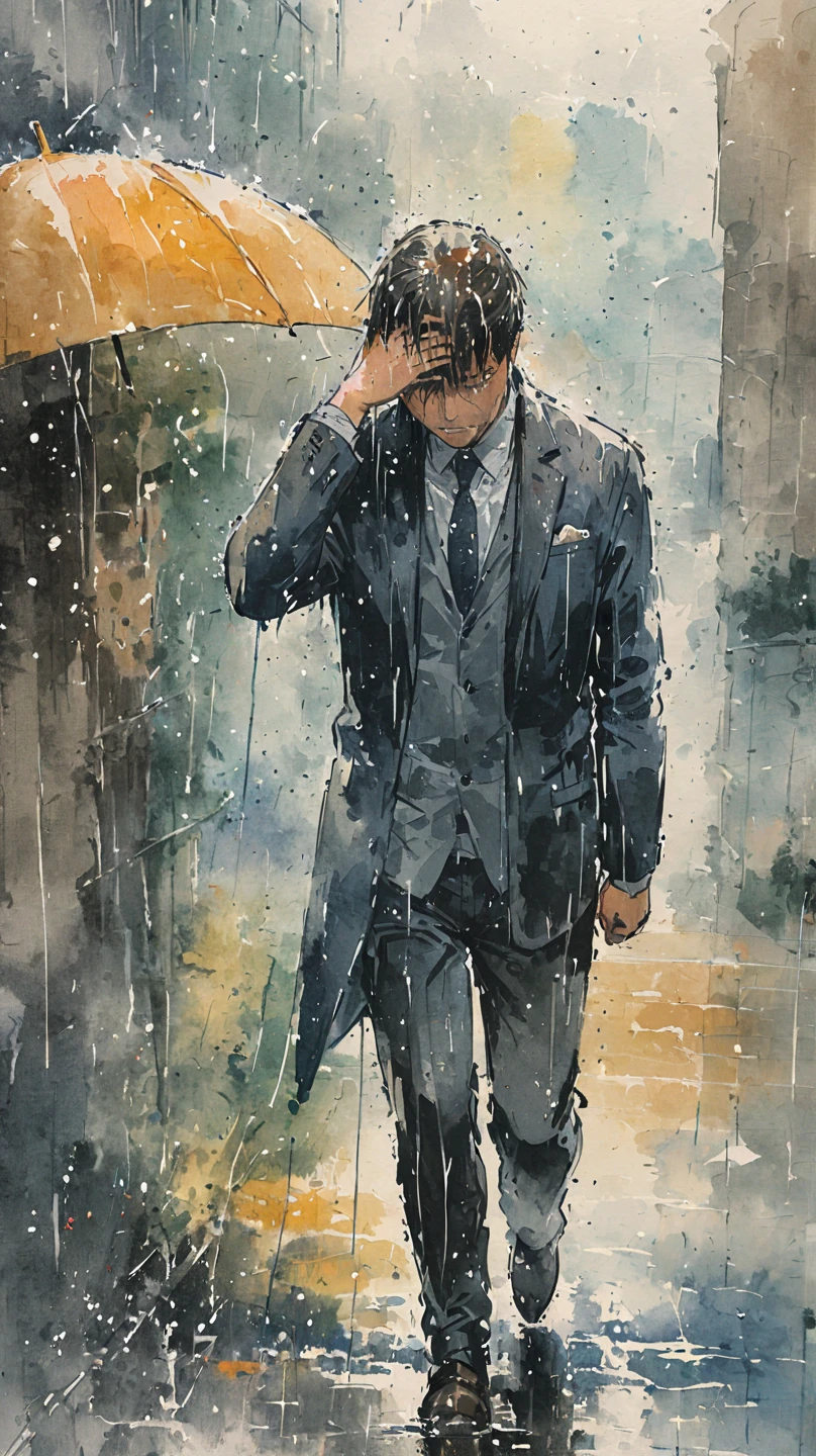 watercolor painting of a man in suit in the rain. full body shot of the man who is soaked under the rain. he tilts his head up to face the rain, the rainwater flows down his face. he is walking in the street, holding his hands out to feel the rain. watercolor brushes stroke painting style. the sky is dark.