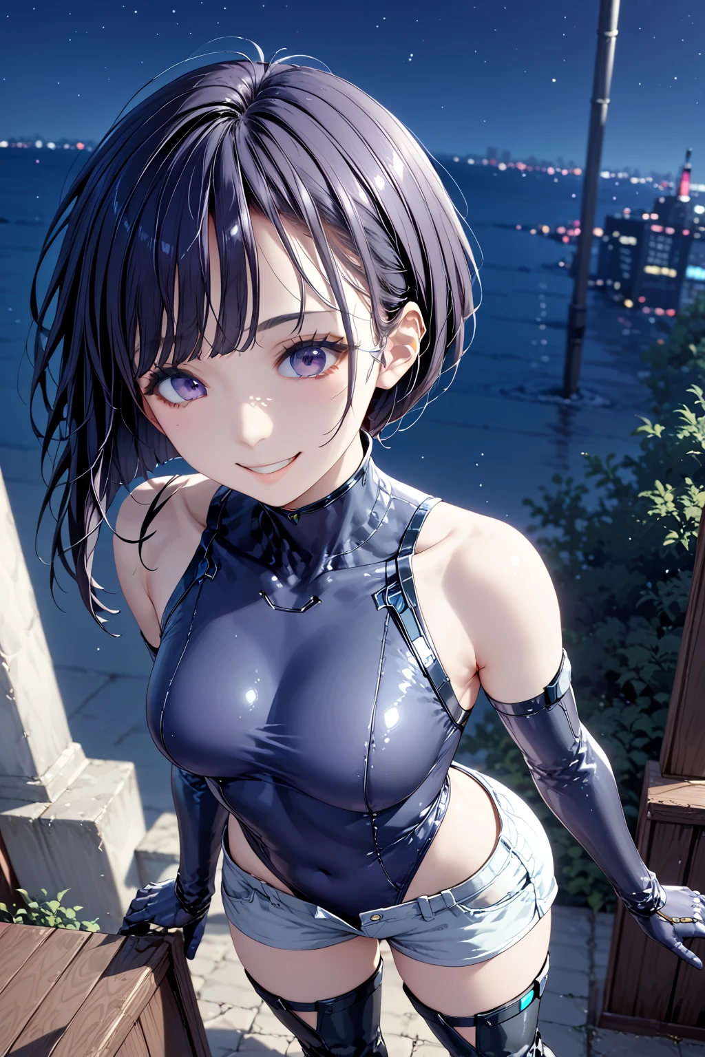 1womanl,Black hair,12year old ,((Impatient expression)),Beautiful breasts,(((Sexy magical girl white and blue shiny bodysuit)))(())(((Blushing cheeks、Surprised look)),(((Satin Narico))),((( portlate))),we have blue eyelashes)))()Street,Crowds(magical girl hair ornament)