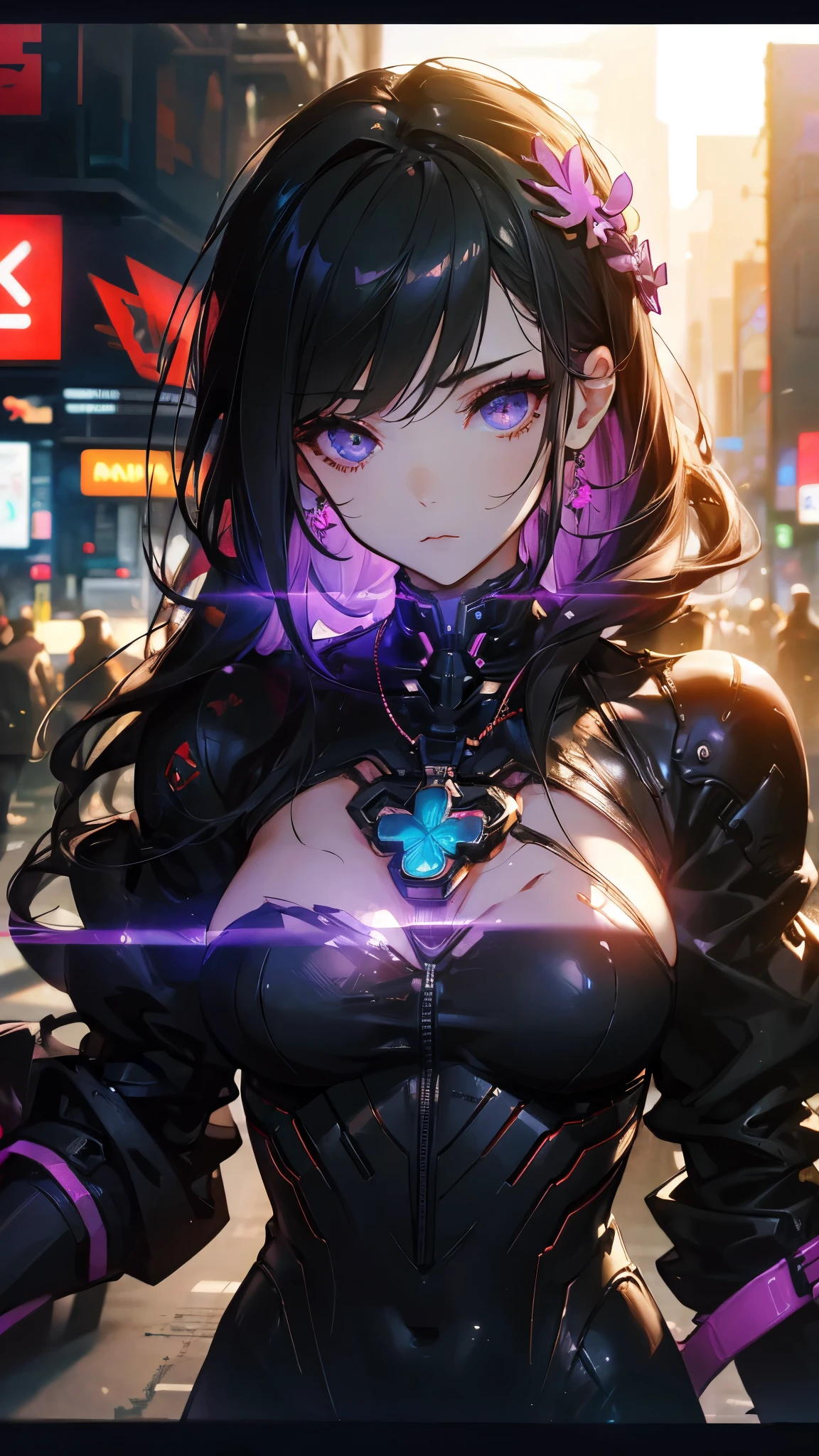 (best quality), (ultrafein), (masterpiece), Illustration, a girl,Kimono-Costume,cyberpunk, (cyberpunk,Kimono-Costume,Cybernetic implants),Hair Accessories, bright colours,open breasts, dynamic lighting,neon lights,shining city skyline,holographic projection,Fashionable clothing of the future,a mix of traditional and modern elements,Avantgardistisches Make-up,exquisite hairstyle,Self-confidence and determination,Urban environment,Heavy rain,Reflection on wet road,Metall Textur,Mechanical Armor, gorgeous accessories,High-Tech-Gadgets,Impressive cybernetic improvements,Clear focus,Grumpy Details, Overclocked rendering, Cinematic edge light, fine light, masterpiece, super Details, epic work, Ultra-High-Definition, good quality, 32K