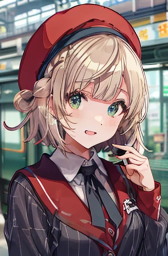 ( cowboy shooting:1.5),Shigure Ui \(vtuber\),  Pong_Pong_hair_ring, Ahegao,   stripe_School_uniform, red_beret, beret, collared_ shirt,  Masterpiece , noise reduction ,  perfect anatomy over a white blouse , high definition ,  ultra detail,  ultra detail face,Game CG, Dutch angle  , beautiful detailed eyes from outside the train, visual art , five fingers ,   perfect hand,  Complete, Sparkling eyes,sex