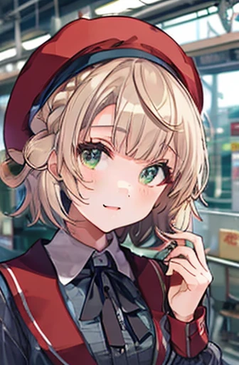 ( cowboy shooting:1.5),Shigure Ui \(vtuber\),  Pong_Pong_hair_ring, Ahegao,   stripe_School_uniform, red_beret, beret, collared_ shirt,  Masterpiece , noise reduction ,  perfect anatomy over a white blouse , high definition ,  ultra detail,  ultra detail face,Game CG, Dutch angle  , beautiful detailed eyes from outside the train, visual art , five fingers ,   perfect hand,  Complete, Sparkling eyes,sex