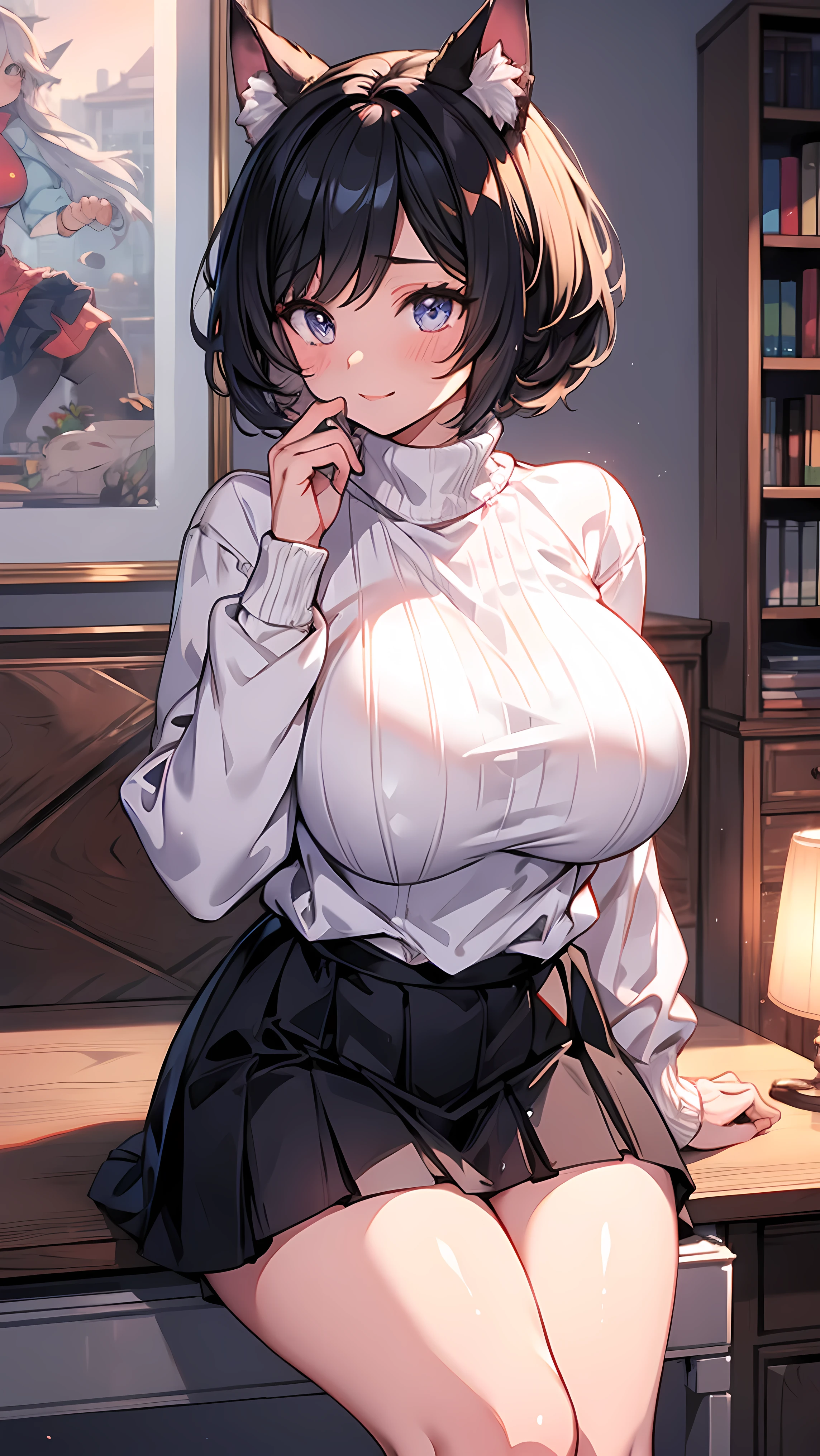  super detailed,(masterpiece)、(  best quality)、 1. Keep her face so detailed   ,  shorthair,   dog ear,    with very big breasts , big eyes,  sweater, skirt,8k,Immorality,     young woman 