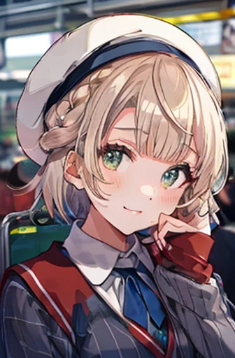 ( cowboy shooting:1.5),Shigure Ui \(vtuber\), Pong_Pong_hair_ring, smile,  stripe_School_uniform, red_beret, beret, collared_ shirt,  Masterpiece , noise reduction ,  perfect anatomy over a white blouse , high definition ,  ultra detail,  ultra detail face,Game CG, Dutch angle  , beautiful detailed eyes from outside the train, visual art , five fingers ,  perfect hand,  Complete, Sparkling eyes,Sex,naked