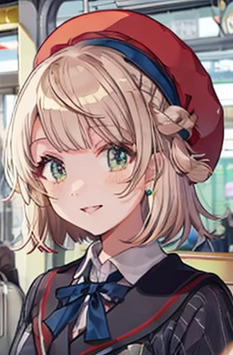 ( cowboy shooting:1.5),Shigure Ui \(vtuber\), Pong_Pong_hair_ring, smile,  stripe_School_uniform, red_beret, beret, collared_ shirt,  Masterpiece , noise reduction ,  perfect anatomy over a white blouse , high definition ,  ultra detail,  ultra detail face,Game CG, Dutch angle  , beautiful detailed eyes from outside the train, visual art , five fingers ,  perfect hand,  Complete, Sparkling eyes,Sex,naked