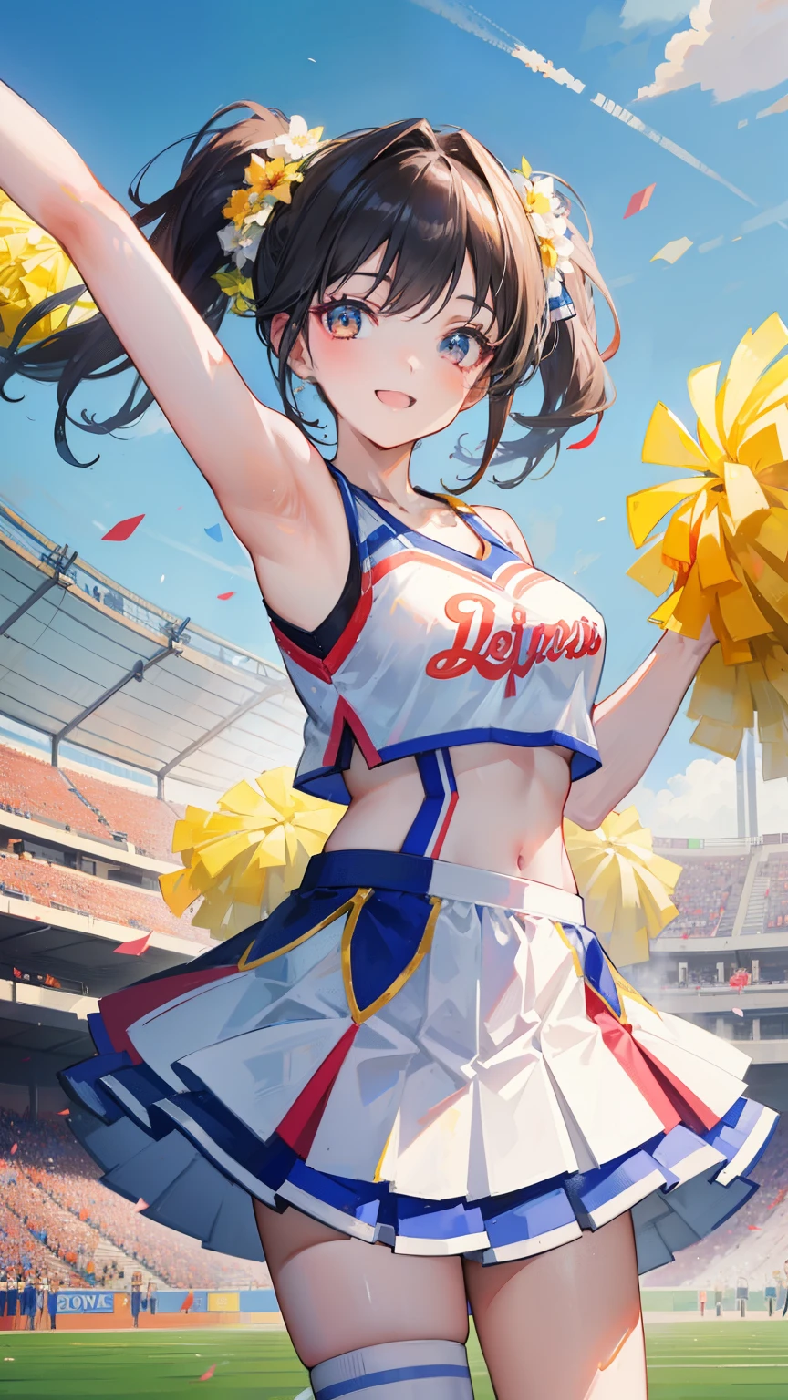 (short cute girl,small young student,young delicate girl),(masterpiece,Top quality),cheerleader,long black hair