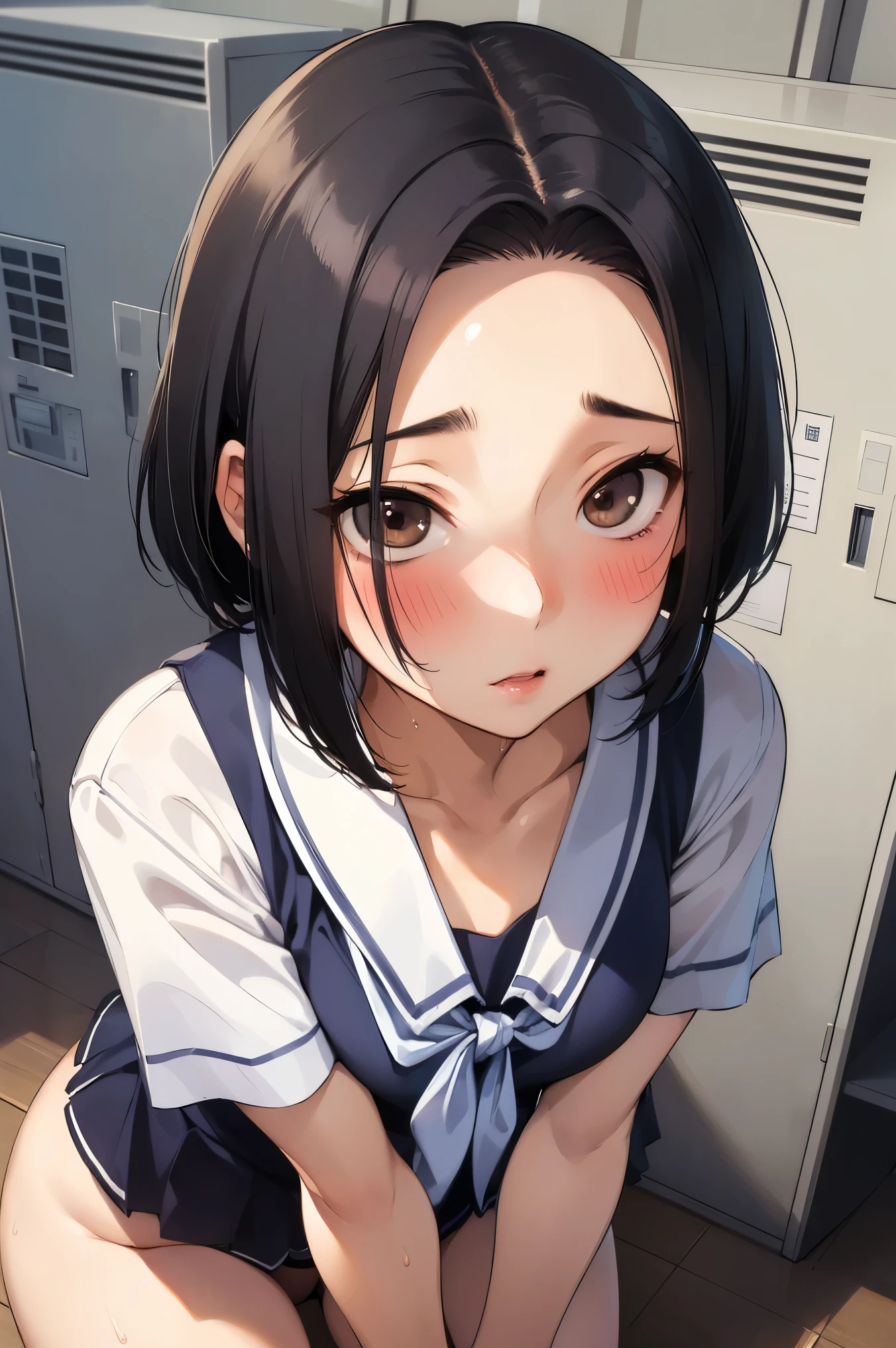 NSFW,masterpiece, best quality, high definition , very detailed,Ah-rinko 、 shorthair、 black hair、 bob cut ,Heavy breathing,sweat,School,locker room,Embarrassed,blush,Wisdom face,Looking up, from above