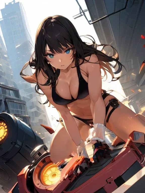 Giantess, long sexy legs, yellow hair, bikini,lying on top of destroyed buildings, city at her feet burns in flames for the destruction she has caused, tiny people climb on her body to try to defeat her uselessly. Giantess, goddess, macrophilia, curvaceous body, hentai, fetish, sexy legs, bikini, high heels, high quality, tiny people, people climbing body, giantess body, small people, crew of tiny people
