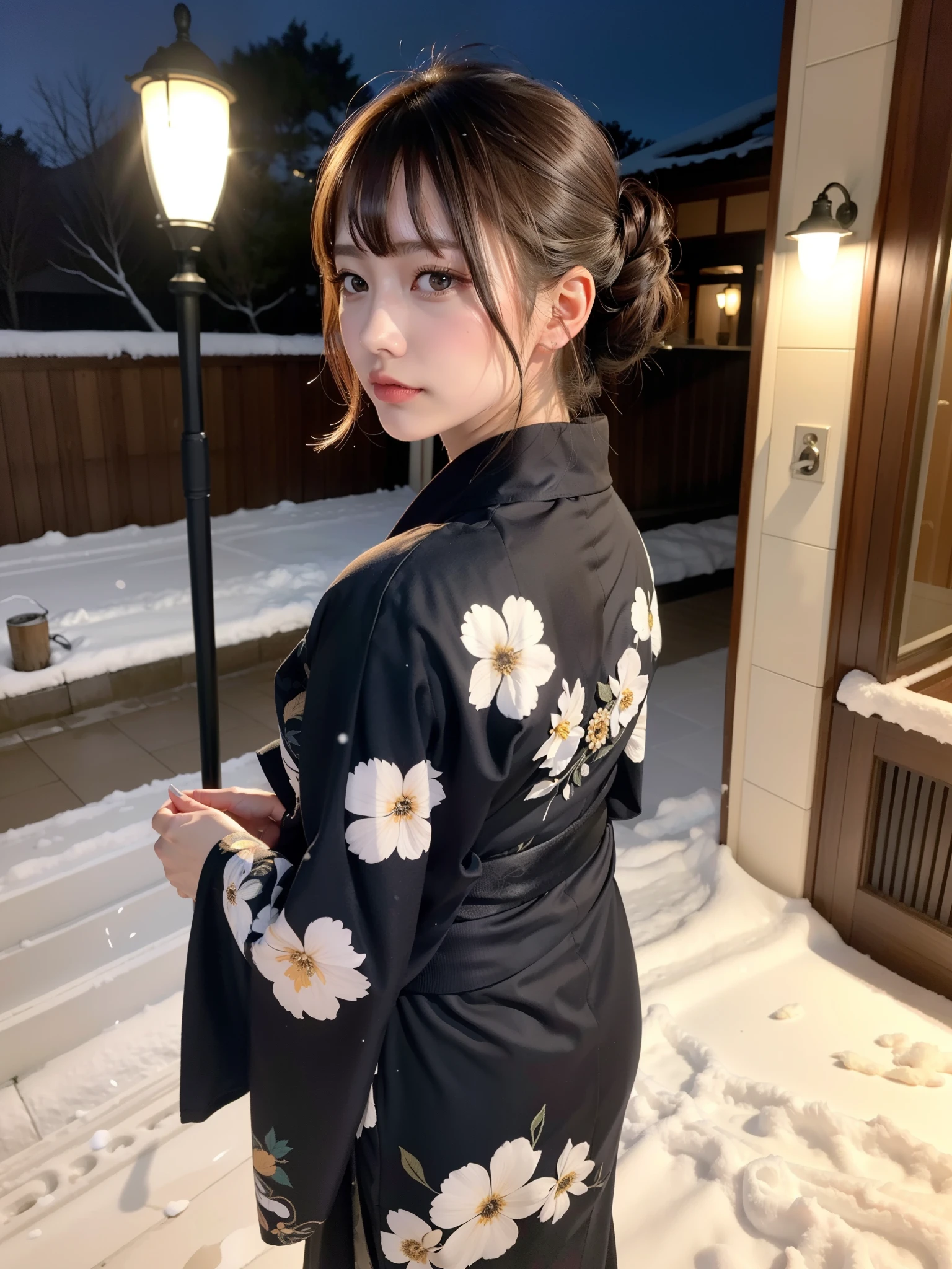 ((Highest quality)), ((masterpiece)), (detailed), One girl, Traditional Yukata、White、glamorous、Night view、Japanese、Black Hair、The back is hidden