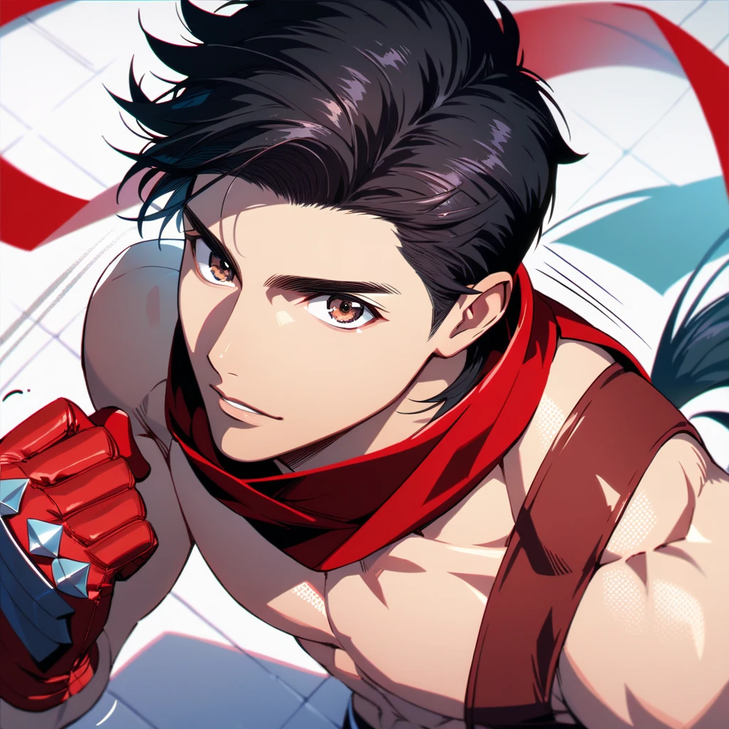 ultra detailed, master piece, best quality, cinematic angle, motion lines, focus male, detailed eyes, detailed hands, light skin male, whole body, muscle, black hair, pony tail, expressive brown eyes, red gloves, shirtless, red scarf, Training hall back ground, red thong, Chinese fashion, posing, show back and upper body,  high angle, looking at viewer, five-fingered hand