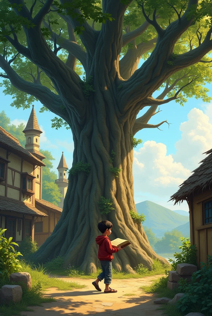 large, ancient tree with sprawling branches stands tall just outside a small rural village. ren are playing nearby while one boy sits quietly under the tree, reading a book.