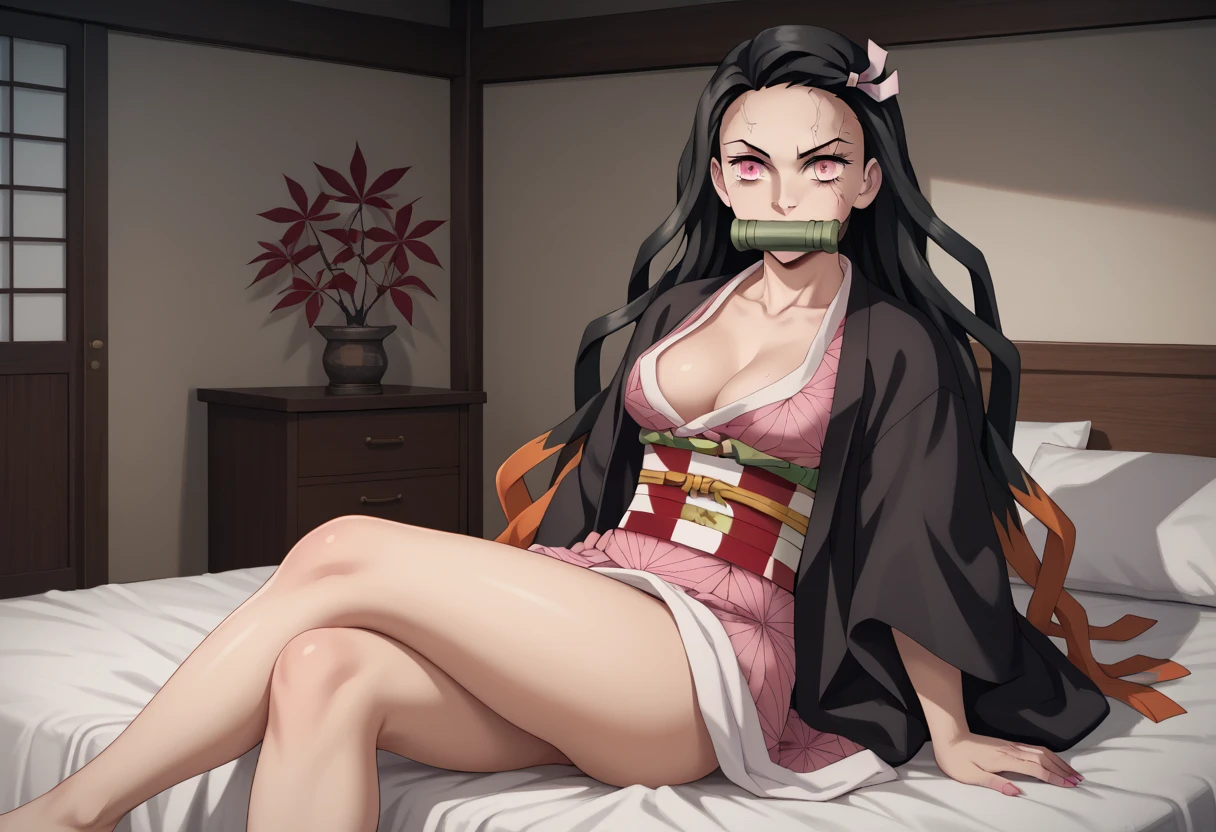 source_anime, dnezukoxlv4, 1girl, solo, bit gag, gag, japanese clothes, kimono, pink kimono, beautiful body, perfect body, leaves patterns, smile, pink eyes, bedroom, breasts, beautiful legs, sexy legs, leafes makings, sitting on bed