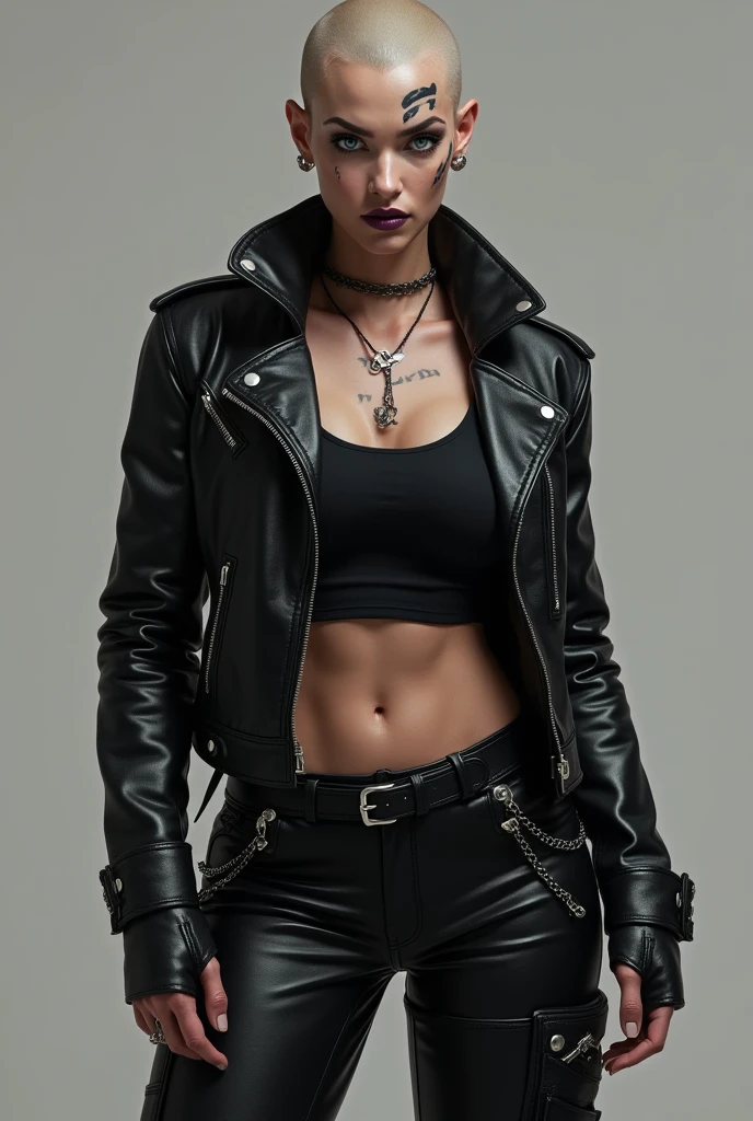 Gorgeous european steampunk woman with very short straight hair, wet hair, hair slicked back, combed straight back, slick hair, black hair, wearing a leather jacket with nothing underneath and mini skirt, solid dark black background