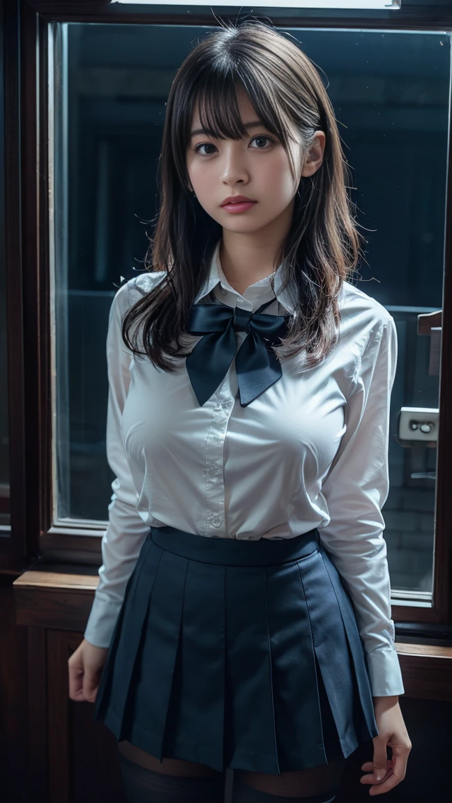 (((32ｋ,high detal,high-detail、​masterpiece,Attention to detail,full body Esbian,solo))),Raw photo & realistic atmosphere,beautiful dark blue eyes,Detailed mouth,Glossy lips,Detailed eyebrows,Eyes drawn in detail with soft white skin that shines in every detail、azure eyes,Very beautiful eyes,Detailed lips、Very beautiful face,Very well-formed face、Lifelike face,shiny beautiful lips, Realistic Young Gravure Idol, very beautiful school girl, , Young Sensual Gravure Idol, Young Gravure Idol, Beautiful and cute mature１6 year old ,the whole body is wet,dripped out,with a flushed face,Incredibly beautiful, sexy and classy１6-year-old girl,semi-long brown shiny hair,Hair is wet,Dripping water,dripping,(Looking at the camera：1.4）,（darkness,Very dark,Use a flashlight to illuminate a subject in a pitch-black classroom with no light：1.7）,（A sexy,Healthy toned body,High Detail Hi-Vision Hi-Vision Japan HDTVblackHDTVhi-VisionBlack Hi-VisionBlack Hi-Definition Hi-VisionBlack Hi-Definition Hi-Definition Uniform,medium shapely breasts,,Mature body, I'm anxious and about to cry,Moist eyes,cold smile,glareing,The glaring face is also beautiful,High-resolution arm,,high-definition fingers,：1.5）,（The chest of the uniform is open,Sitting upright in black and red classy high school girl uniform wearing black pantyhose and sexy legs and lifting skirt in shame：1.7）