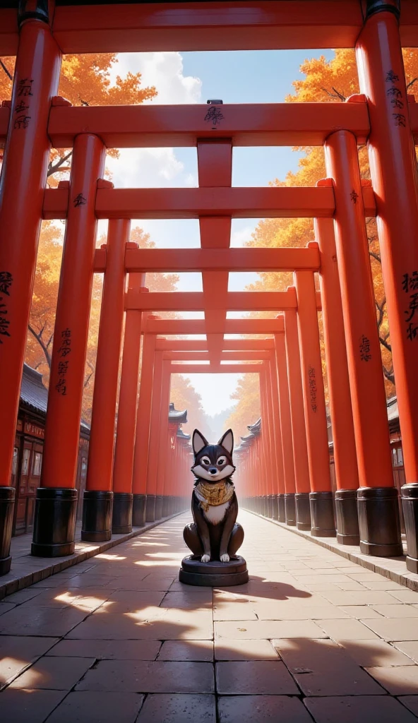 **Prompt para Foto: Fushimi Inari Shrine **  

*"Um cenário detalhado e imersivo do Fushimi Inari Shrine  Taisha em Kyoto, Japan,  captured during a quiet autumn morning .  A long and iconic trail of bright red torii extends in infinite perspective,  forming a symbolic tunnel with Japanese engravings black .  The stone floor of the trail is slightly moistened ,  reflecting the soft sunlight filtered by the trees .  Maple trees with leaves in shades of red ,  vibrant orange and yellow surround the path , creating an atmosphere of serenity and introspection.  At the beginning of the trail ,  a detailed statue of a guardian fox holds a golden key in its mouth ,  its realistic features show detailed fur and penetrating eyes . In the background,  small traditional buildings with roofs ,  decorated with white paper lanterns and Japanese symbols ,  add authenticity to the environment .  The clear blue sky with fine clouds complements the scenery .  The visual style is hyper-realistic , with natural lighting,  soft shadows and vivid colors .  Each cultural and architectural detail is faithful to Japanese tradition ,  creating a harmonious balance between nature and spirituality ."*  

 If you need to adjust or add something to the scenery , advise me!