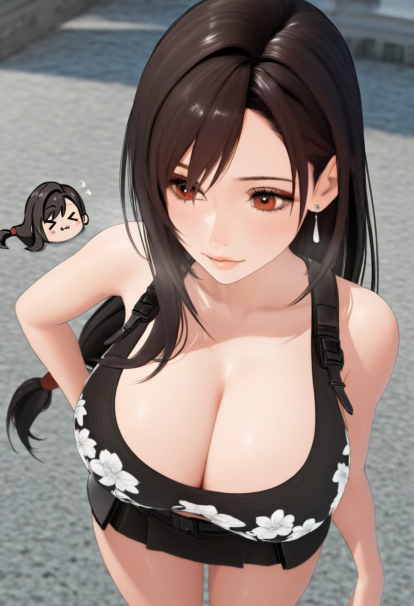 1girl, black hair, long hair, black shirt, black skirt, floral print, (X3D), realistic, masterpiece, best quality, good quality, newest, tifa lockhart, deep cleavage, large breasts, voluptuous, nice hips,