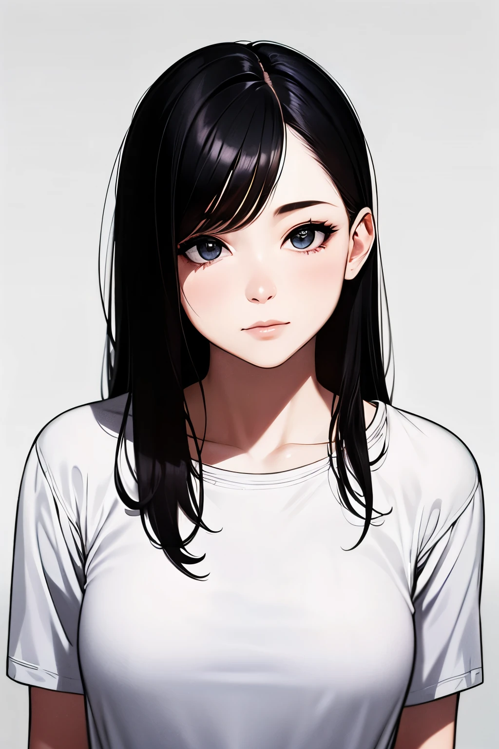 Adult girl, Solo, black long hair with white highlights, wearing a plain white baggy t-shirt, black cargo pants, close up shot, High Resolution, Best Quality, Anatomically Correct,