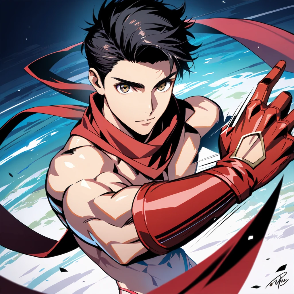 ultra detailed, master piece, best quality, cinematic angle, motion lines, focus male, detailed eyes, detailed hands, light skin male, whole body, muscle, black hair, expressive brown eyes, red gloves, shirtless, red scarf, Training hall back ground, red thong, Chinese fashion, posing, show back and upper body,  high angle, looking at viewer, five-fingered hand