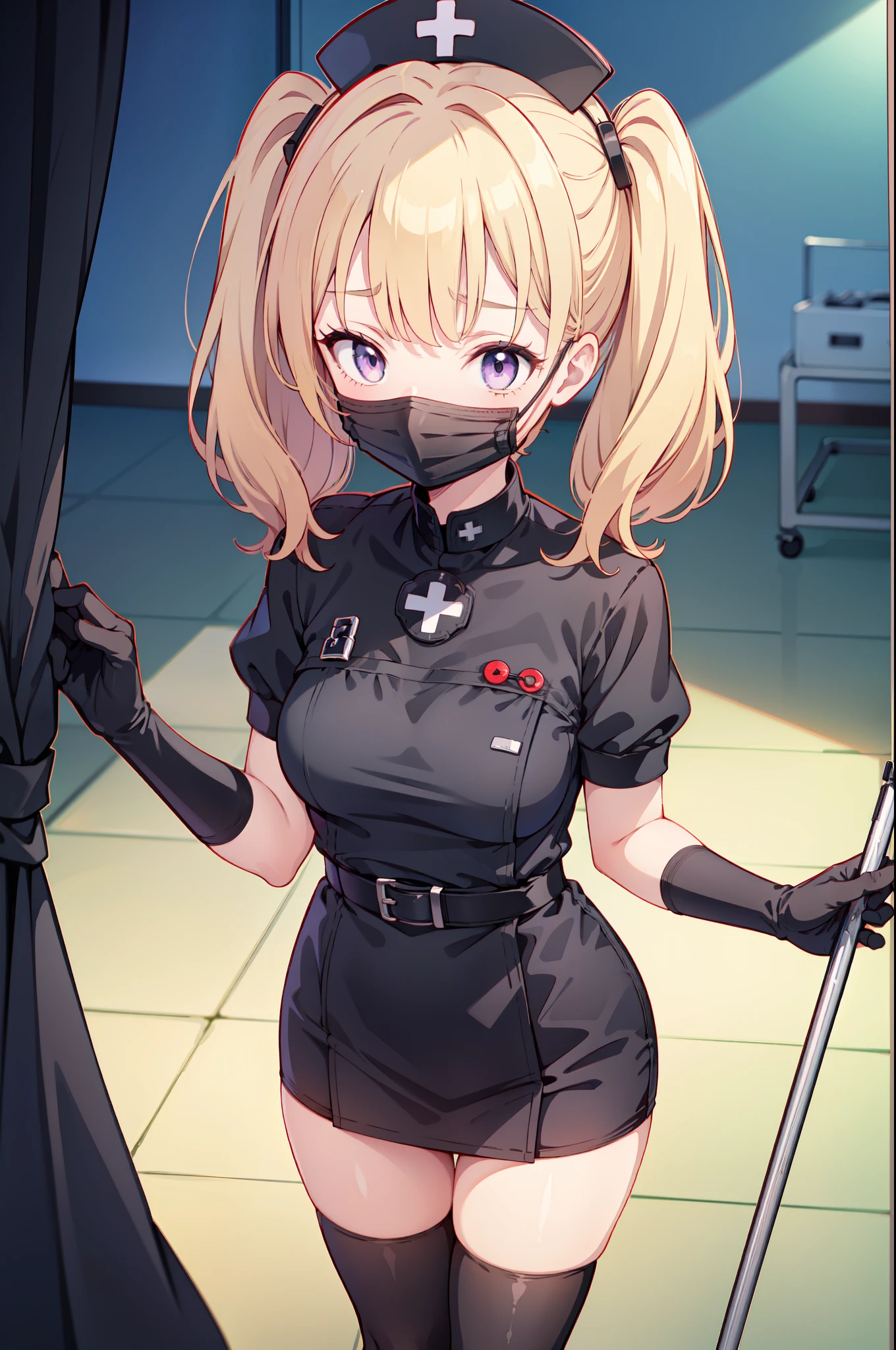 black nurse, 1 girl, alone, black nurse cap, Black Wear, ((black legwear, zettai ryouiki)), black elbow gloves, twin tails, yellow hair, purple eyes, ((Black surgical mask, Covered nose)), Are standing, ((operating room)), sharp outline, short sleeve, highest quality, masterpiece