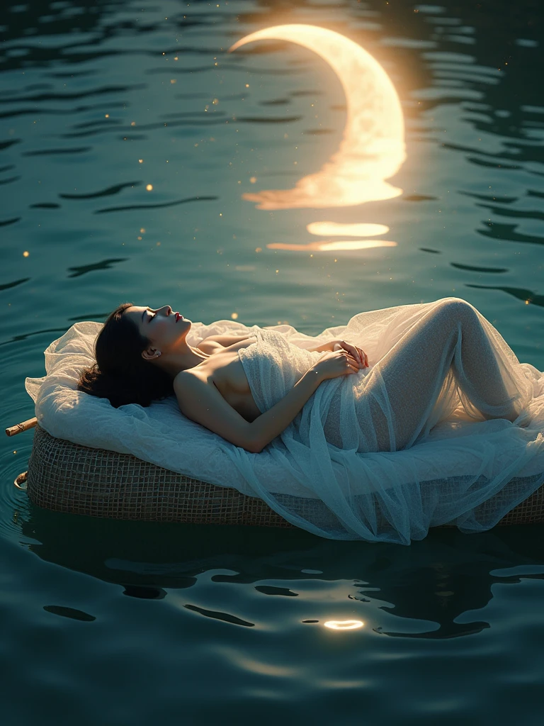 photorealistic of a stunningly beautiful goddess lying down on a bamboo raft, wrapped in tulle sheet bare skin, black short hair, lying back stance, straightened legs, surrounded by a whirl-water and glittering fog, amidst a surreal,as a burst of light illuminates her perfect, radiant features, with a mesmerizing, cinematic glow, and dynamic, intricate details, in a highly realistic, high angle shot, bottom-front viewer, big crescent moon reflected on the water as background scene
