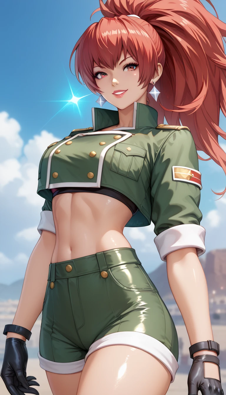 Red Hair、leonakofdg、Red eyes、lipstick、makeup、green shorts, midriff, crop top, black gloves, military uniform, green jacket, earrings, jewelry, Shiny Hair、Tight waist、Small waist、Glowing Skin、Light smile、Beauty、