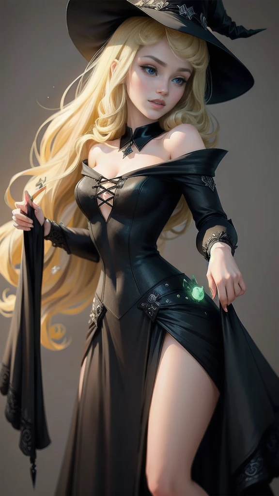 ((1 girl)), Masterpiece, (high quality, best render), green face, blonde hair, sexy, witch, witch hat, black dress, sexy dress