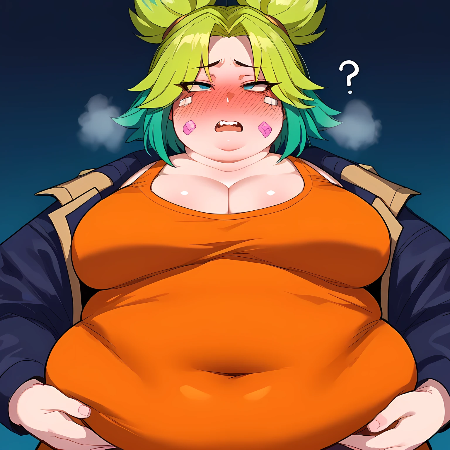 score_9,score_8_up,score_7_up, zeri \(league of legends\), 1girl, bandaid, bandaid on cheek, bandaid on face, black jacket, breasts, cleavage, collarbone, crop top, cropped torso, green hair, jacket, large breasts, multicolored hair, open clothes, open jacket, orange tank top, parted bangs, solo, sweatdrop, tank top, teeth, two-tone hair, upper teeth only,full-face blush, nose blush, half-closed eyes, bulging belly, fat, chubby, obese, open mouth, out of breath, absurdres, highres icon, rating:General, confused, blush, {flustered}, nervous sweating, portrait, pov hands, hand on another's belly, averting eyes, [looking away], straight-on, from below, swollen face, masterpiece, best quality, ultra-detailed, high resolution, 8K, 