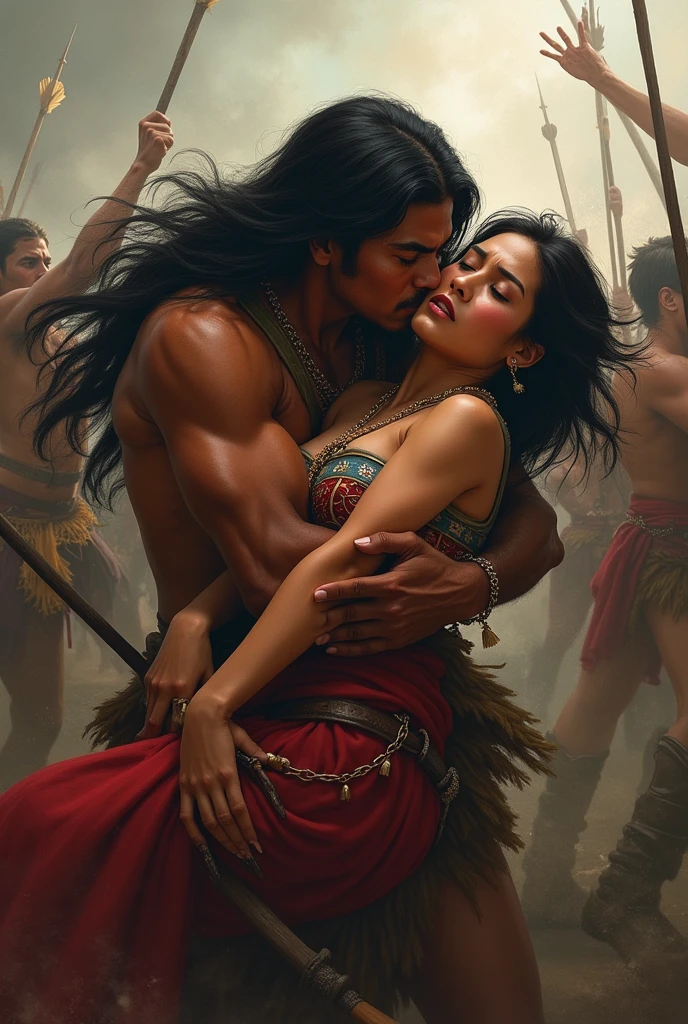 A indian very muscular strong warrior queen breastfeeding a skinny man who lying in her lap, her breasts and nipples clearly visible, and milk coming out