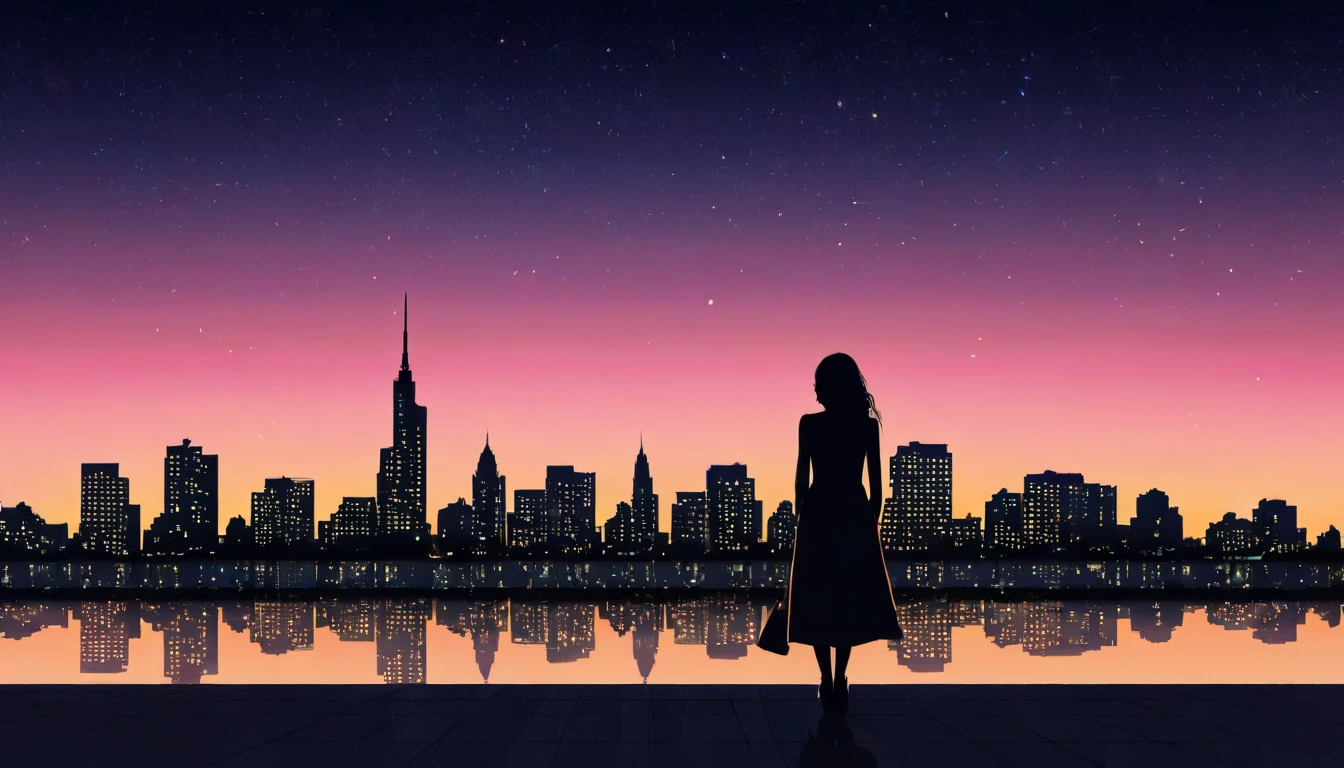 One Girl, Sit on a bench,Dim lighting, Perfect proportions, Back Focus, high quality, silhouette, Urban Background, Night Sky, Starry Sky, Meteors, Less clouds, Lakeside,