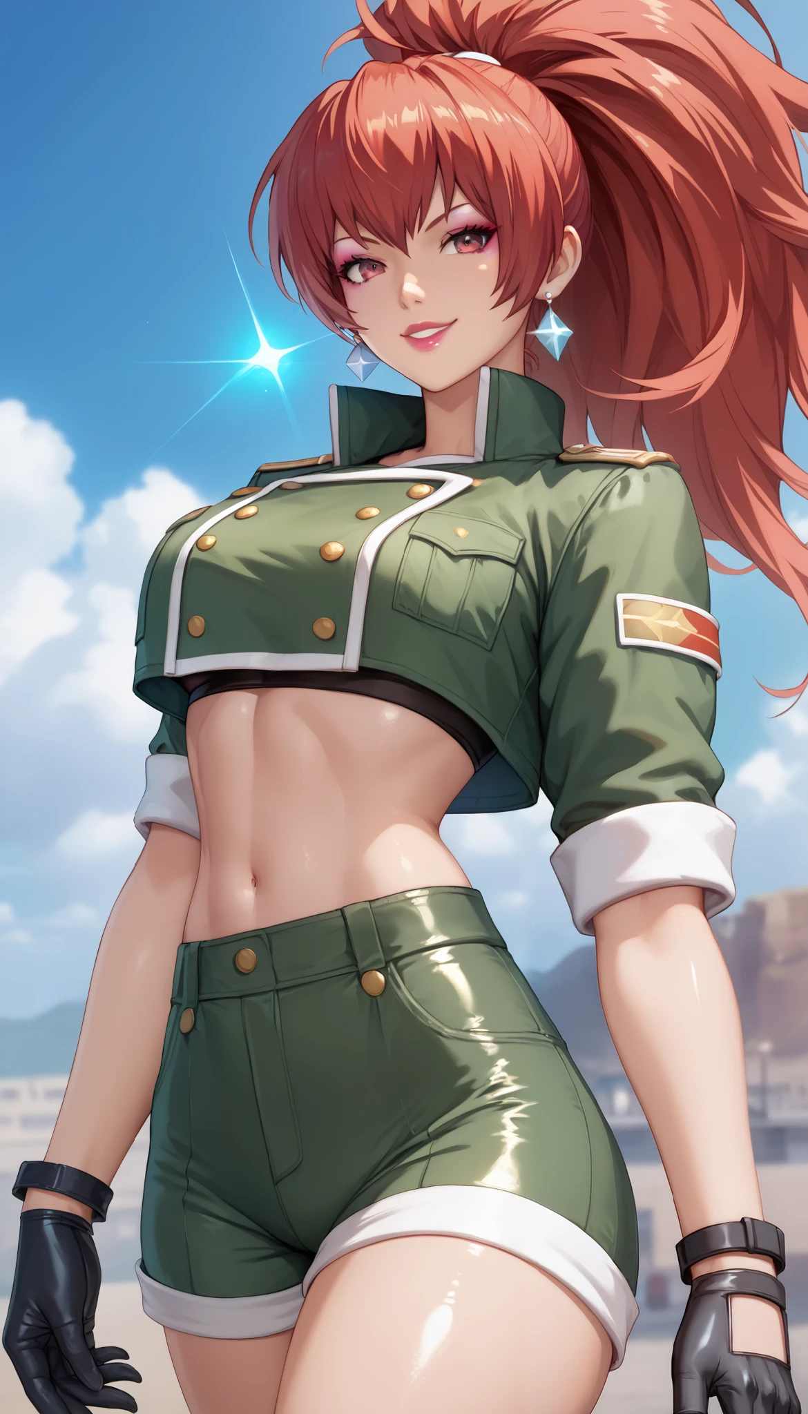 Red Hair、leonakofdg、Red eyes、lipstick、makeup、green shorts, midriff, crop top, black gloves, military uniform, green jacket, earrings, jewelry, Shiny Hair、Tight waist、Small waist、Glowing Skin、Light smile、Beauty、