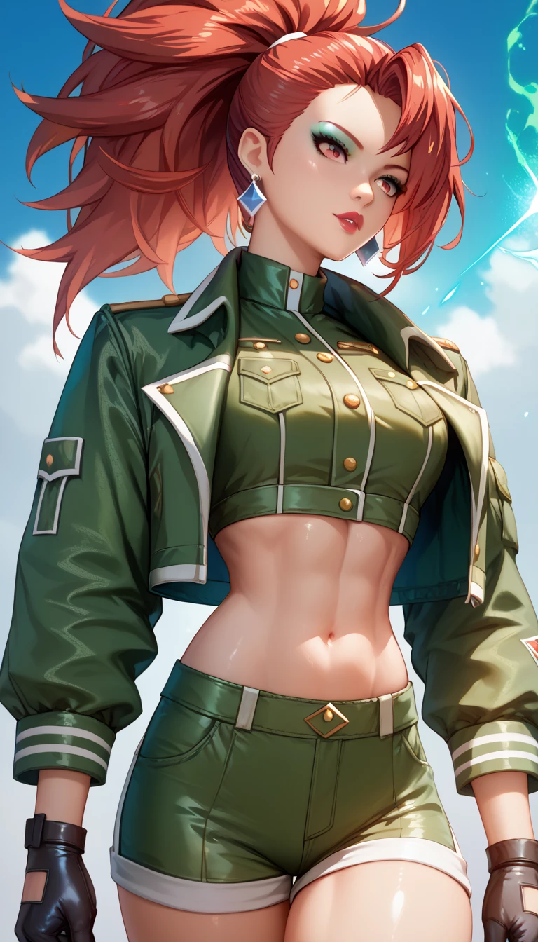 Red Hair、leonakofdg、Red eyes、lipstick、makeup、green shorts, midriff, crop top, black gloves, military uniform, green jacket, earrings, jewelry, Shiny Hair、Tight waist、Small waist、Glowing Skin、Beauty、