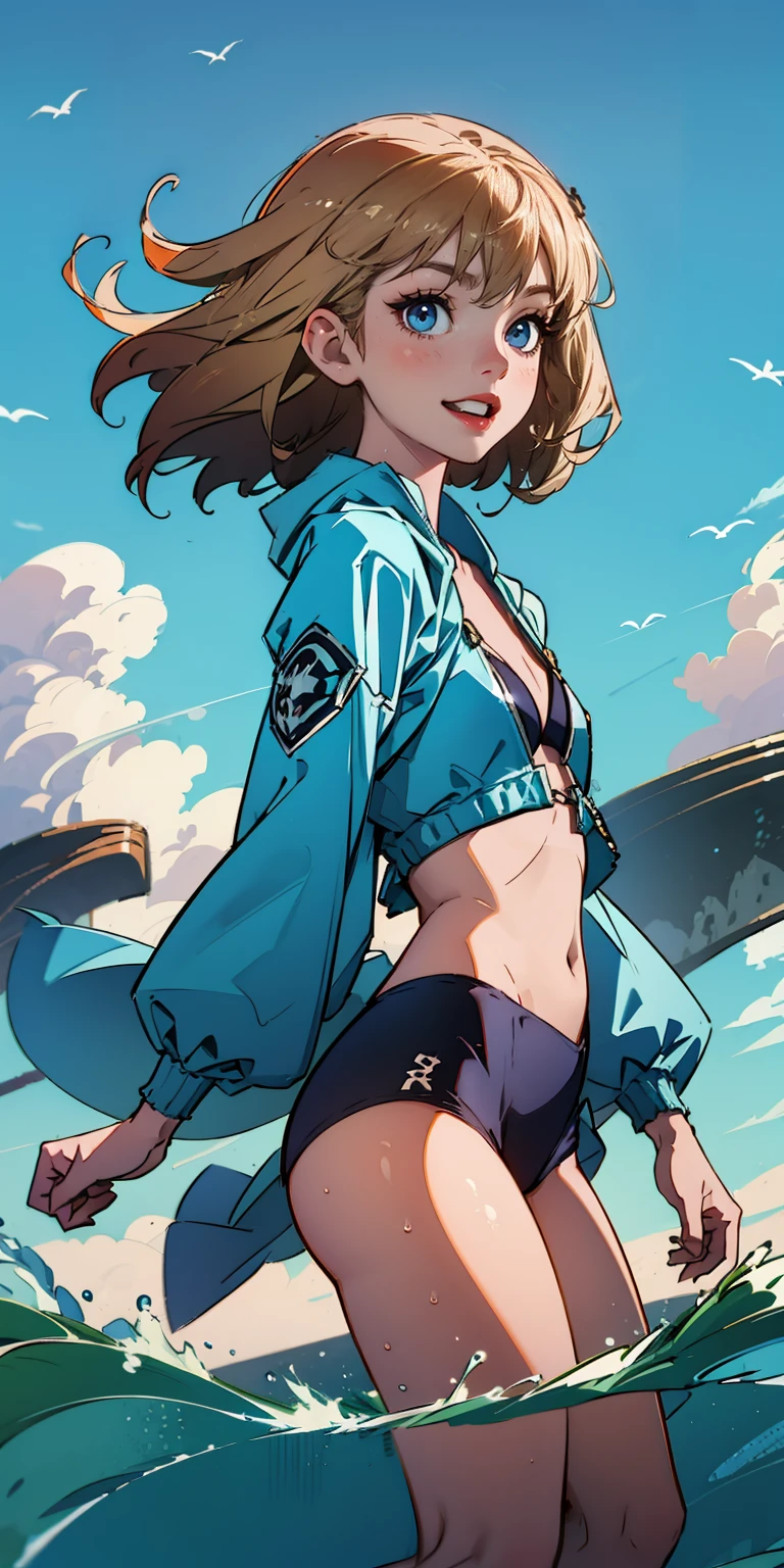 Girl in bikini and wind jacket dancing, floating, 1girl, outer space, nebulae, full body drawing, highly detailed, pastel colors, vaporwave, Intricate, stars, comets, saturn
