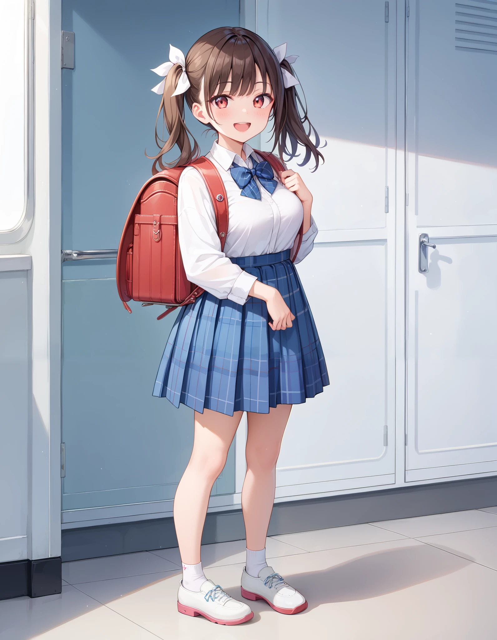 masterpiece, best quality, highly detailed, ultra high res, 1girl, smile, happy, brown hair, twintail, hair ribbon, medium breasts, wearing white collared shirt, blue bowtie, plaid skirt, blue plaid skirt, standing, fullbody, wearing white socks, white shoes, indoor, wearing randoseru backpack, red color backpack