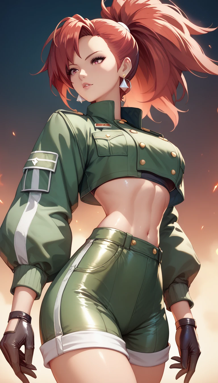 Red Hair、leonakofdg、Red eyes、green shorts, midriff, crop top, black gloves, military uniform, green jacket, earrings, jewelry, Shiny Hair、Tight waist、Small waist、Glowing Skin、Beauty、