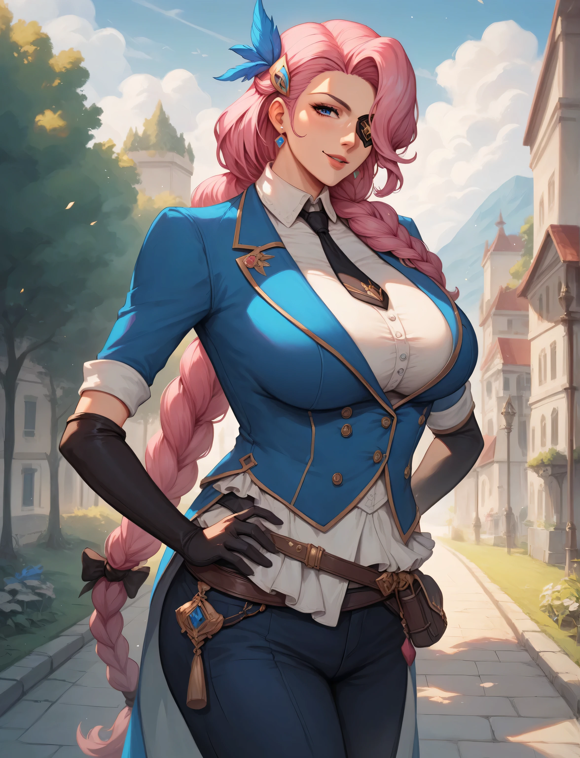 masterpiece, best quality, 1woman, 1girl, anime artworks, pink hair, long braid hair, hair over one eye, blue eyes, ((mature female, sexy body, big breasts)), eye patch, hairpin, blue jacket, white shirt, black tie, elbow black gloves, dark blue pants, natural shading, lighting, showcase, 8k uhd, outdoors, ba plantation, simple backround,