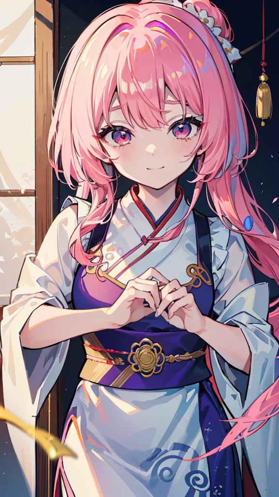 red and white kimono,long hair,pink hair,pink eyes,horns,smile,masterpiece,Noise Reduction,perfect anatomy,high resolution, ultra-detailed, ultra-detailed face,game cg,dutch angle ,beautiful detailed eyes,visualart,five fingers, perfect hands, perfect lighting, sparkling pupils,