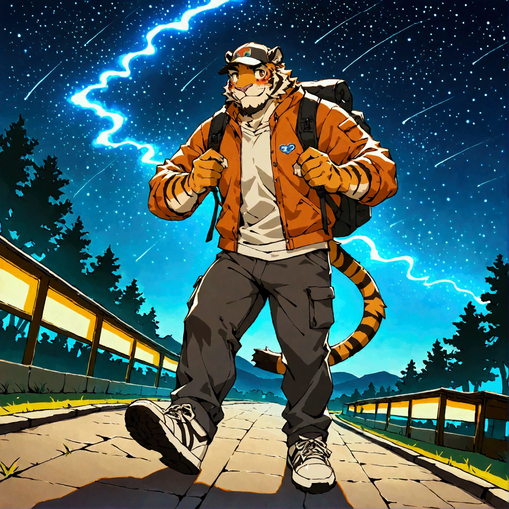 character focus, full body, looking away, dynamic angle, american country, backpacker, middle-aged tiger man, happy, little smile, backpack, baseball cap, costume clothes, jacket, shirt, half pants, detailed sneaker, standing, hiking, dynamic pose, BREAK full body in Michelangelo Buonarroti style, housamo style, digital illustration anime, detailed painting landscape, starry night sky, location Route 66, motel, path, outdoor, full color HDR, niji5, BREAK complete anatomy, perfect proportions, beautiful thigh gap, fluffy body, intricate fur details, beautiful fur texture, BREAK a detailed tiger  one tail, detailed sneaker, detailed foot, detailed hands, 5fingers, 5fingers nails, BREAK anime face, insanity detailed face, male face, big face, square jawline, anime eyes, detailed brown eyes, detailed brown cornea, detailed dark brown irises, detailed pupils, male eyes, big eyes, male eyebrows, innocent look, beautiful beard, BREAK masterpiece, official art, best quality, very aesthetic, absurdres, super fine illustration, great quality, BREAK noise reduction, very highres, large filesize, high quality, 32K, 8k wallpaper, dynamic lighting, BREAK insanity detailed, ultra detailed, intricate details, extremely detailed, detailed texture, an extremely delicate and beautiful, BREAK e621 illustration, osukemo, kemohomo, anthropomorphic, furry, harmonious body, pastoral face, virtuous eyes, no signature, american country atmosphere 