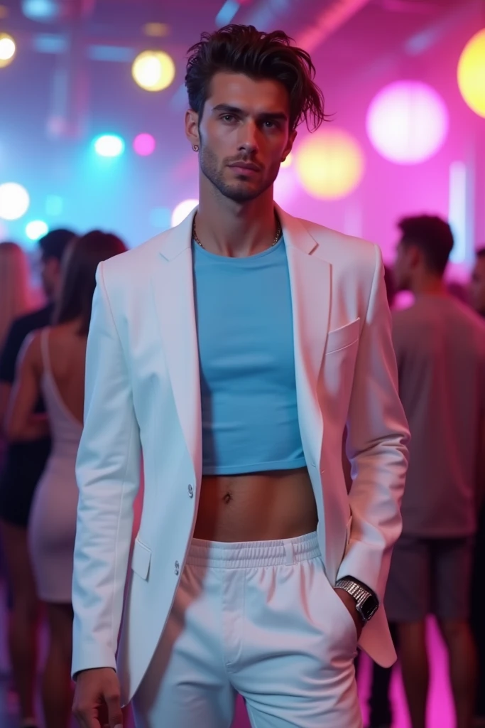 Handsome young man with a thin, white, beautiful, smooth-skinned face, shirtless in a swimsuit on a male runway, the audience applauds and celebrates with bubble guns. Tall white man. 