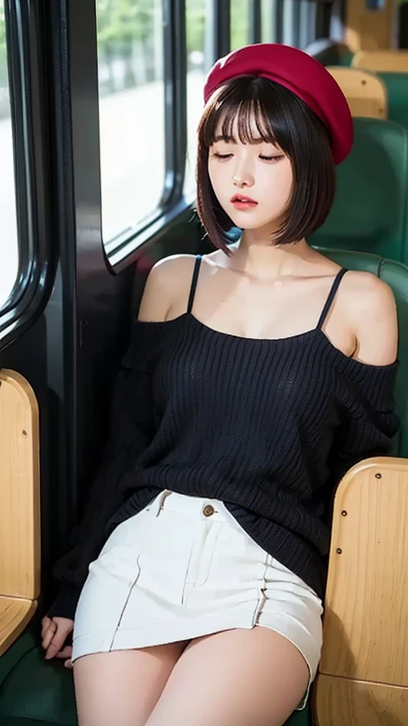  beautiful Japanese woman 、Sleeping on the bus、( Close Your Eyes )、(( is wearing a miniskirt))、  off-the-shoulder sweater 、Small cleavage、 sexy thighs、 part of my white pants is visible、 red hair、 shortcuts、Wear a beret、,  view from below 、 Anatomically Correct, 