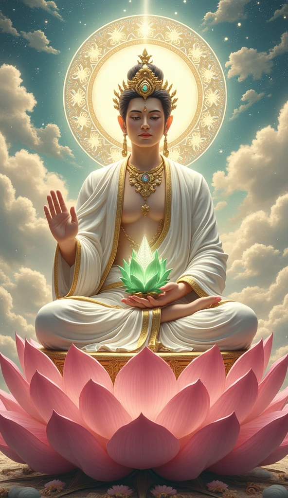 Create a detailed depiction of Akasagarbha Bodhisattva (The Void Hides the Bodhisattva), seated gracefully on a blooming pink lotus throne with intricate petals radiating light. He wears flowing white robes accented with golden trims and elaborate ornaments, including a jeweled crown that glistens softly. His right hand holds a luminous flaming sword, symbolizing the power of wisdom, while his left hand delicately supports a blooming green lotus topped with glowing pearls, representing purity and enlightenment. His serene expression exudes compassion and inner peace, framed by a brilliant golden halo with subtle mandala patterns radiating outward. The backdrop features an ethereal celestial realm with swirling clouds in pastel blues and golds, shimmering stars, and faint sacred symbols that enhance the divine atmosphere, inviting a sense of awe and spiritual reverence.