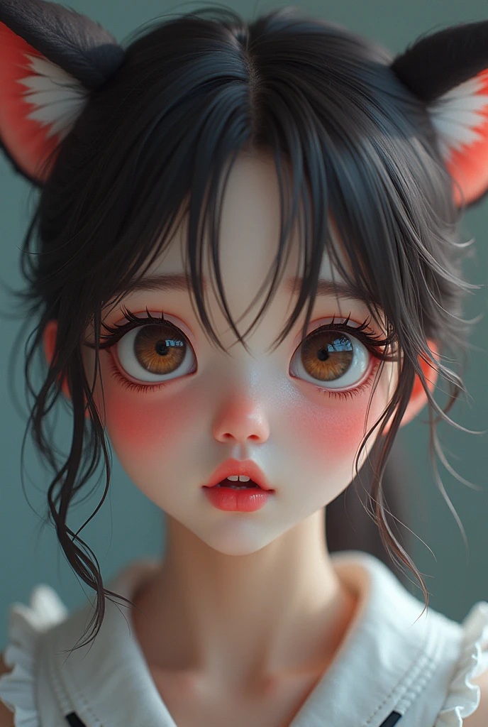 I want a girl who is about 16 years old, very curly brown hair, brown skin, short brown eyes with cat ears dune realistic image