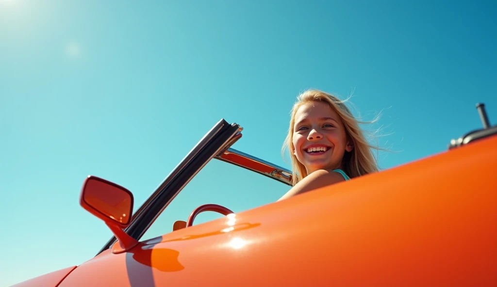 A cute baby girl sits confidently in a vibrant red Mustang, her tiny hands gripping the steering wheel as she beams with delight. She wears a floppy sun hat adorned with colorful flowers, paired with oversized sunglasses that slip down her nose. The sun glistens off the polished paint of the car, and the soft breeze rustles her hair as if inviting her to drive off into a world of adventure. The scene captures a perfect blend of innocence and imagination, as she dreams of the open road ahead.