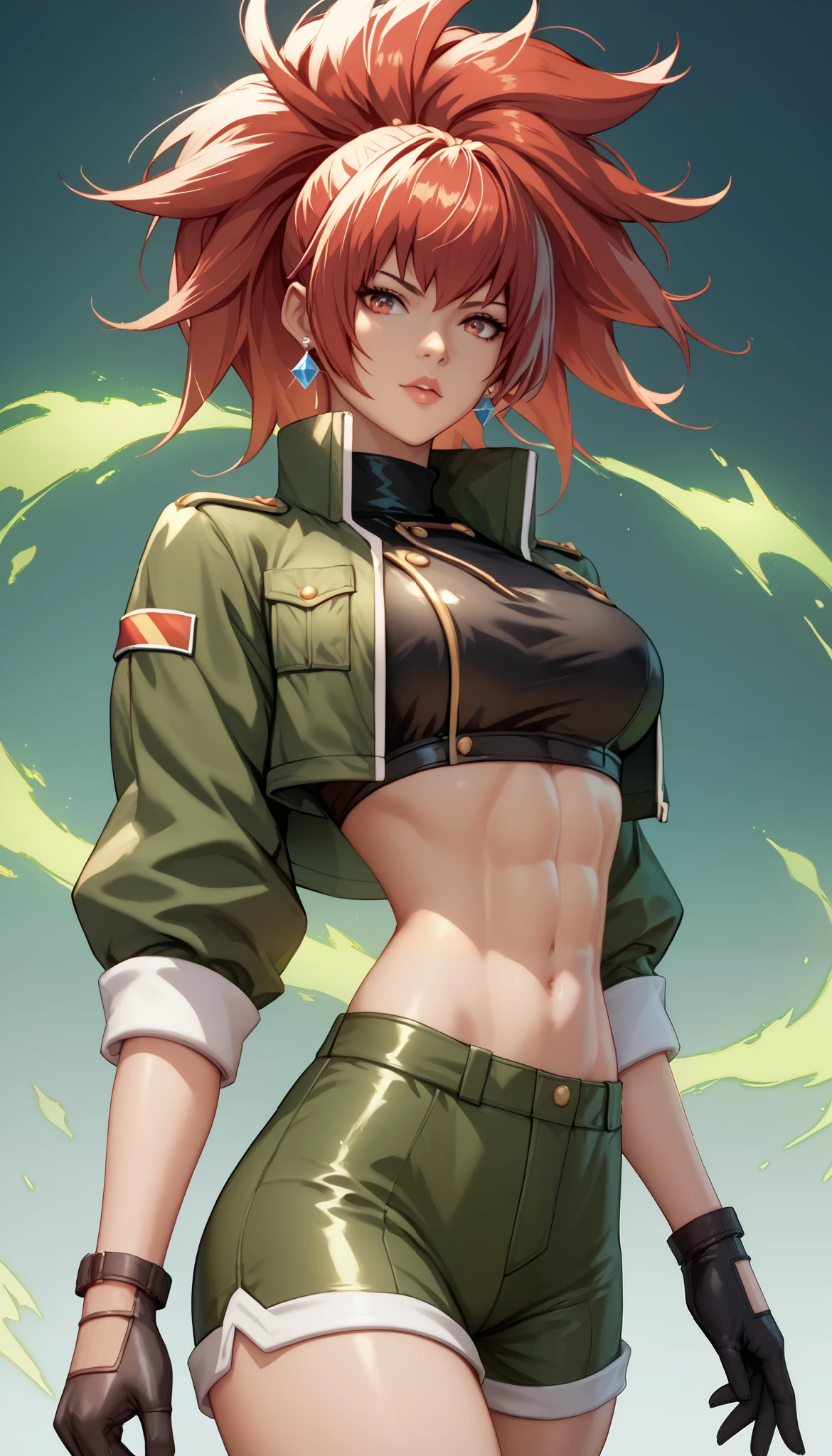 Red Hair、leonakofdg、Red eyes、green shorts, midriff, crop top, black gloves, military uniform, green jacket, earrings, jewelry, Shiny Hair、Tight waist、Small waist、Glowing Skin、Beauty、